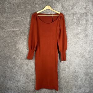 T Tahari Womens M Sweater Dress Orange Long Sleeve Boat Neck Pullover Stretch